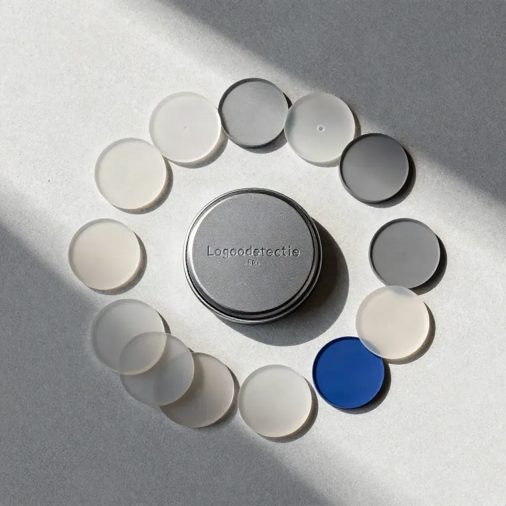 Bovenaanzicht van een Logodetectie Pro unit met matte tokens en frosted schijven op beton.