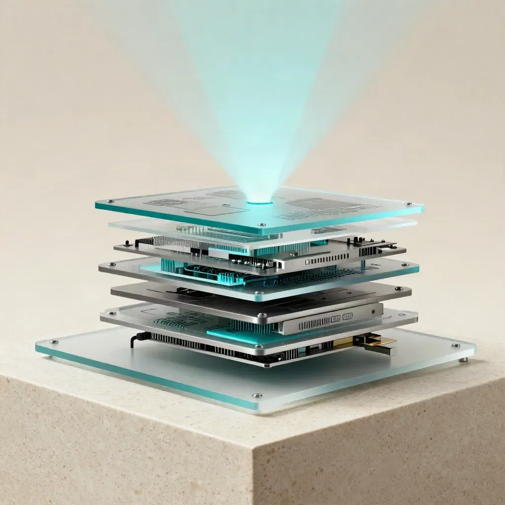 Transparante AI-modules met cyan gloed op een travertin sokkel in studio