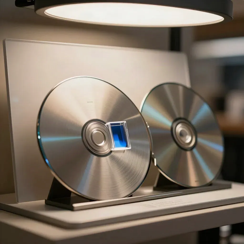 Macrobeeld van een aluminium Retail Beeldscan-module met spiegelende schijven en acrylblok.