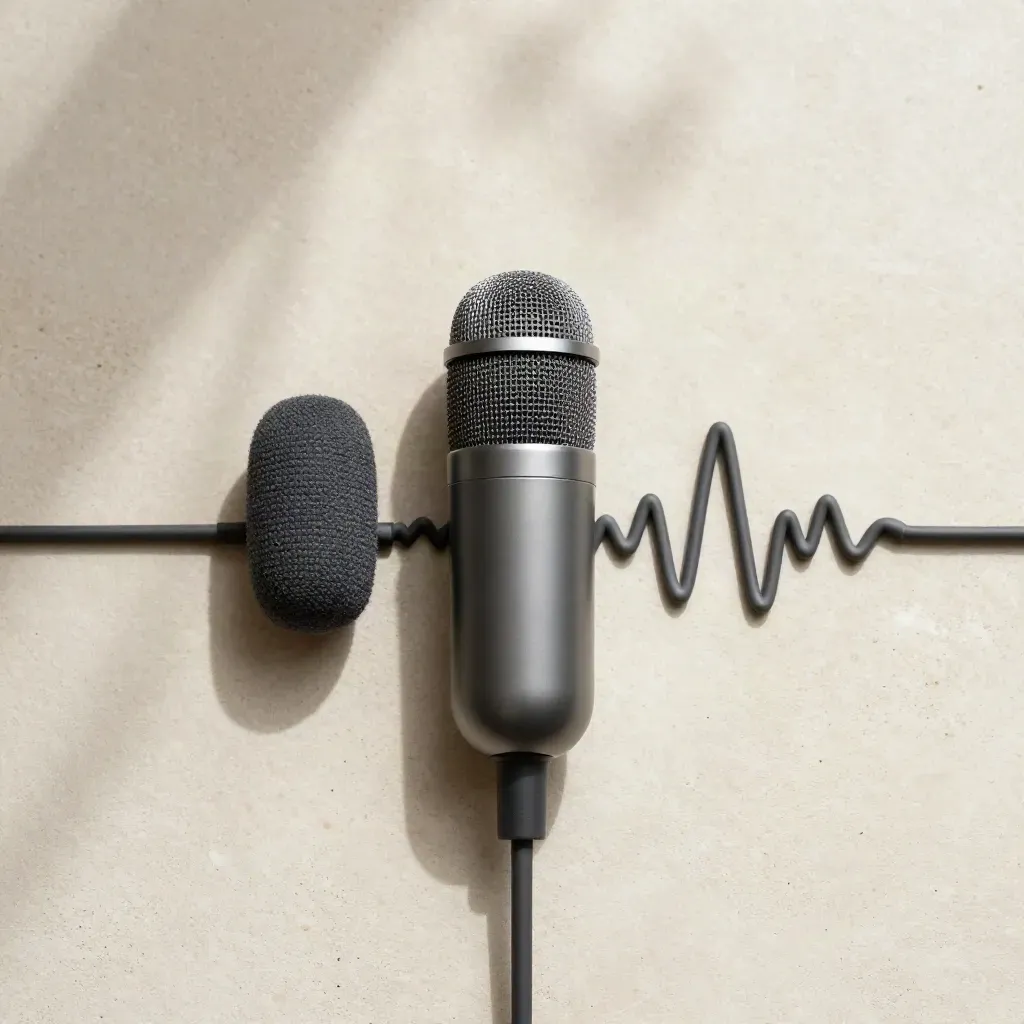 Bovenaanzicht van een voice capsule, stoffen puck en kabel op lichte betonplaat.